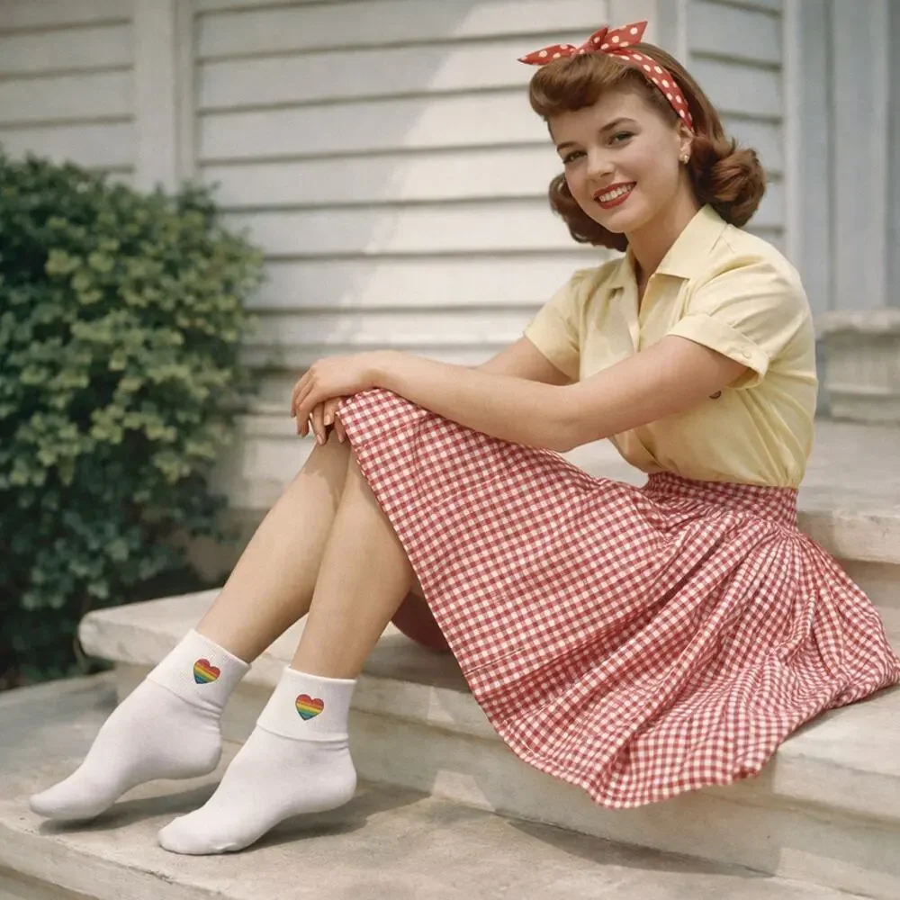 Rainbow Heart Bobby Socks Womens 9-11 Socks w Embroidered Appliques - Hey Viv